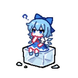  1girl ? blue_bow blue_dress blue_eyes blue_hair bow cirno commentary detached_wings dress english_commentary hair_bow highres ice ice_cube ice_wings pinafore_dress pixel_art seu-i shirt simple_background sitting sleeveless sleeveless_dress solo thinking touhou unfinished white_background white_shirt wings 