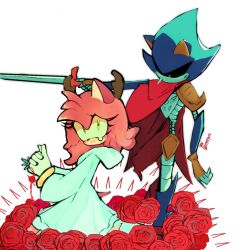  1boy 1girl amy_rose animal_ears cape cloak cosplay flower furry furry_female highres humanoid_robot kneeling kris_(dark_world)_(deltarune) kris_(dark_world)_(deltarune)_(cosplay) kris_(deltarune) kris_(deltarune)_(cosplay) metal_sonic noelle_holiday noelle_holiday_(cosplay) noelle_holiday_(dark_world) noelle_holiday_(dark_world)_(cosplay) nrmtyurii pink_fur red_flower red_rose robot rose sonic_(series) sword tearing_up weapon white_background white_cloak 