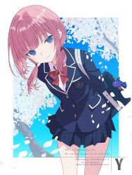  1girl alternate_costume blazer blue_eyes blue_jacket blunt_bangs bow bowtie charm_(object) cherry_blossoms collared_shirt commentary falling_petals jacket kaf_(kamitsubaki_studio) kamitsubaki_studio lapels laplace_(kamitsubaki_studio) light_smile looking_at_viewer low_twintails miniskirt multicolored_eyes notched_lapels petals pink_hair plaid_clothes plaid_skirt pleated_skirt red_bow red_bowtie school_emblem school_uniform shirt skirt takasaka_light twintails untranslatable_commentary wing_collar yellow_pupils 