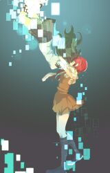  2girls black_hair black_shoes black_skirt black_socks brown_dress closed_eyes commentary_request danganronpa_(series) danganronpa_2:_goodbye_despair danganronpa_3_(anime) dress floating floating_hair glitch kneehighs koizumi_mahiru long_hair long_sleeves multiple_girls necktie pinafore_dress red_hair sato_(danganronpa) shinshishinc shirt shoes short_hair skirt sleeveless sleeveless_dress socks white_shirt 