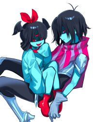 1girl 1other aqua_(deltarune) armor black_bodysuit black_hair blue_jacket blue_skin blunt_bangs bodysuit bodysuit_under_clothes boots bow cape colored_skin commentary deltarune hair_bow hair_wings highres jacket knees_up kris_(dark_world)_(deltarune) kris_(deltarune) looking_at_viewer momonga_damon open_mouth pauldrons pink_cape red_boots red_eyes shaded_face short_hair shoulder_armor simple_background sitting sitting_on_lap sitting_on_person sleeves_past_fingers sleeves_past_wrists smile third_eye twin two-tone_cape untranslatable_commentary utdr_(toby_fox) white_background