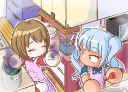  2girls apron asaka_shinki bad_food blue_hair blue_shirt bottle brown_hair chopsticks closed_eyes commentary_request constricted_pupils cooking dark-skinned_female dark_skin drill_hair drilljapan from_above ginzaki_yuuru hair_ornament hairclip highres holding holding_bottle holding_plate indoors jacket jikkyou_powerful_pro_yakyuu jikkyou_powerful_pro_yakyuu_(style) jikkyou_powerful_soccer kitchen multicolored_jacket multiple_girls no_mouth pink_apron pink_eyes plate rayman_limbs red_jacket shirt smile soccer_uniform spatula spoon sportswear stock_pot surprised track_jacket twin_drills whisk white_jacket 
