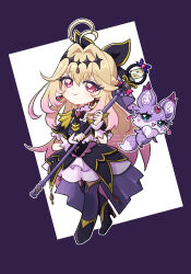  1girl :d animal_ear_fluff animal_ears antenna_hair black_bow black_bowtie black_capelet black_dress black_shoes black_thighhighs blonde_hair blush blush_stickers border bow bowtie braid brooch capelet chest_fur closed_mouth commentary creature crossed_bangs crossed_legs cure_arcana_shadow deformed diamond_hairband dress earrings fairy fluffy_tail forehead_jewel frilled_capelet frills full_body gem gold_trim gradient_hair green_eyes hair_between_eyes hair_bow hair_intakes hairband half_up_braid heart heart-shaped_blush_stickers heart_brooch heart_in_eye high_heels highres holding holding_staff jewelry long_hair looking_at_viewer magical_girl mashu-tan medium_dress meitantei_precure! moegi_itsukashi moria_luluka multicolored_hair open_mouth outline outside_border pink_eyes pink_hair precure purple_border purple_fur purple_gem purple_veil shoes simple_background sleeveless sleeveless_dress smile staff standing symbol_in_eye tail tear_arcana_rod thick_eyebrows thigh-highs tilted_border two-tone_hair veil very_long_hair watermark white_background white_outline white_wrist_cuffs wrist_cuffs zettai_ryouiki 