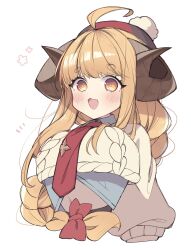  1girl :d ahoge anila_(granblue_fantasy) blonde_hair blush bow braid cable_knit commentary_request curled_horns draph granblue_fantasy hat highres horns k0bo43 long_hair long_sleeves looking_at_viewer midriff navel open_mouth sheep_horns short_eyebrows simple_background sleeves_past_wrists smile solo sweater thick_eyebrows upper_body white_background yellow_eyes 