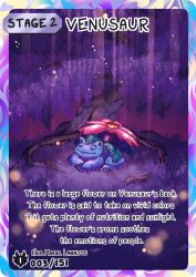  animal_focus artist_name card_(medium) character_name charburst closed_eyes closed_mouth english_text flower full_body grass leaf light_particles lying no_humans nostrils outdoors pokedex_number pokemon pokemon_(creature) pokemon_card pokemon_focus pokemon_tcg red_flower smile solo tree venusaur 