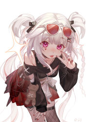  1girl absurdres black_shirt chinese_commentary commentary_request eyewear_on_head fishnet_thighhighs fishnets hair_ornament heart highres honkai:_star_rail honkai_(series) leaning_forward long_hair long_sleeves looking_at_viewer nail_polish red-tinted_eyewear red_nails red_skirt shirt simple_background skirt solo sparkle_(honkai:_star_rail) sparxie_(candy-coated_waves)_(honkai:_star_rail) sparxie_(honkai:_star_rail) sunglasses thigh-highs tinted_eyewear tongue tongue_out two_side_up v white_background white_hair xingqiba_(974528265) 