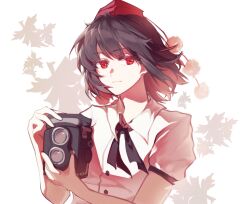  1girl :| black_hair black_ribbon camera closed_mouth collared_shirt expressionless hat highres holding holding_camera looking_at_viewer muyouyuhua neck_ribbon pom_pom_(clothes) red_eyes ribbon shameimaru_aya shirt short_hair short_sleeves solo top_hat touhou twin-lens_reflex_camera upper_body white_shirt 