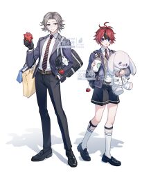  2boys ahoge alternate_costume aotsuki_eito backpack bag bag_charm black_bag black_gloves black_hair black_necktie black_pants black_shoes black_shorts black_socks blue_eyes blue_jacket brown_sweater_vest character_doll charm_(object) chinese_commentary closed_mouth collared_shirt commentary_request commission cup curtained_hair diagonal-striped_clothes diagonal-striped_necktie doll full_body glasses gloves grey_hair grey_necktie hand_in_pocket height_difference highres holding holding_cup holding_stuffed_toy jacket lapels legwear_garter loafers male_focus multicolored_hair multicolored_necktie multiple_boys necktie notched_lapels open_clothes open_jacket open_mouth pants red_hair red_necktie school_bag school_uniform sevenleaves7 shadow shirt shoes short_hair shorts smile socks starbucks streaked_hair striped_clothes striped_necktie stuffed_animal stuffed_rabbit stuffed_toy sumino_takumi sweater_vest the_hundred_line_-last_defense_academy- tie_clip two-tone_hair watermark white_shirt white_socks wing_collar 