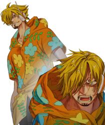  1boy blonde_hair blue_eyes cigarette commentary_request curly_eyebrows curtained_hair facial_hair goatee hair_over_one_eye hawaiian_shirt headphones highres hood hood_down hooded_jacket innn_0o jacket korean_commentary male_focus one_piece sanji_(one_piece) serious shirt solo 