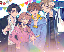  1girl 3boys :d ;( ;d ^_^ absurdres amane_sachika animification apple black_bow black_coat black_hair black_jacket black_pants black_shirt blue_jacket blue_outline bow brown_hair candy chocolate chocolate_bar closed_eyes closed_mouth coat collared_shirt commentary_request cowboy_shot earrings eyeshadow food frown fruit gyaru_v hair_bow highres hood hood_down hooded_jacket inoue_shouma inward_v jacket jewelry kamen_rider kamen_rider_gavv_(series) karakida_hanto lakia_amarga lollipop long_sleeves looking_at_viewer low_twintails makeup mole mole_under_mouth multicolored_hair multiple_boys off-shoulder_sweater off_shoulder one_eye_closed open_clothes open_coat open_jacket open_mouth outline pants pink_eyes pink_eyeshadow pink_sweater pudding red_eyes serien shirt short_hair simple_background smile standing streaked_hair sweater swirl_lollipop teeth twintails upper_teeth_only v v_over_eye violet_eyes white_background white_shirt white_streaks wing_collar 
