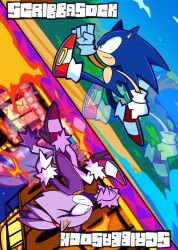  1boy 1girl afterimage animal_ears artist_logo blaze_the_cat cat_ears clenched_hands commentary english_commentary fire forehead_jewel furry furry_female furry_male green_eyes high_heels in-franchise_crossover logo rotational_symmetry running scribbasock sonic_(series) sonic_rush sonic_the_hedgehog yellow_eyes 