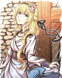  1girl black_eyes blonde_hair brick_wall brown_eyes closed_mouth dress hair_ornament heterochromia highres holding_own_dress jewelry long_hair looking_at_viewer monogatari_(series) necklace oshino_shinobu princess_acerola tsukihi_shida wazamonogatari white_dress 