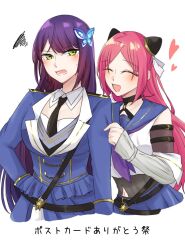  2girls :d ^_^ annoyed arm_at_side arm_belt assault_lily belt belt_buckle black_belt black_choker black_necktie blue_jacket blue_sailor_collar blue_skirt blush braid breasts buckle choker closed_eyes clothes_grab commentary_request crop_top cropped_torso detached_sleeves epaulettes funada_kiito grabbing_another's_sleeve grey_shirt hairpods hand_on_another's_arm hand_on_own_hip heart jacket large_breasts layered_sleeves long_hair looking_at_another looking_to_the_side lower_teeth_only mole mole_under_eye multiple_girls navel necktie nigari_(ngari_0115) o-ring o-ring_choker odaiba_girls_high_school_uniform open_mouth parted_bangs purple_hair red_hair sailor_collar school_uniform serafuku shiba_tomoshibi shirt side_braid sideways_glance simple_background single_braid skirt sleeveless sleeveless_shirt sleeves_past_wrists smile squiggle standing sweatdrop teeth translation_request undershirt upper_body v-shaped_eyebrows very_long_hair white_background 
