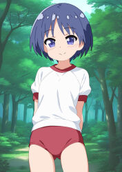  1girl arms_behind_back ass_visible_through_thighs blue_eyes blue_hair buruma closed_mouth cowboy_shot dappled_sunlight day flat_chest forest gym_uniform light_blush looking_at_viewer matsubara_aoi mizusaki_johnko nature outdoors puffy_short_sleeves puffy_sleeves red_buruma shirt short_hair short_sleeves sky smile solo split_mouth sunlight t-shirt to_heart to_heart_(series) tree white_shirt 