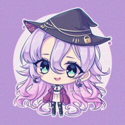  1girl animal_print ankle_boots belly_chain belt_boots black_boots black_hat black_pantyhose blue_eyes boots chibi chibi_only commentary cow_print crescent crescent_earrings double-parted_bangs dress earrings english_commentary film_grain full_body genieart gradient_hair hair_between_eyes hat hat_chain hat_ornament jacket jewelry lock_hat_ornament long_hair long_sleeves looking_at_viewer mismatched_earrings multicolored_hair multiple_necklaces necklace open_clothes open_jacket open_mouth pantyhose pendant phase_connect pink_hair purple_background purple_hair purple_jacket shisui_michiru shisui_michiru_(michiru_1.0) short_dress sleeves_past_fingers sleeves_past_wrists smile solo standing star_(symbol) star_earrings torn_clothes torn_pantyhose very_long_hair virtual_youtuber white_dress witch_hat 