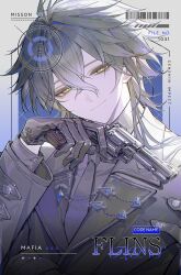  1boy absurdres black_gloves black_hair bright_pupils character_name closed_mouth copyright_name crossed_bangs crosshair diing_ku english_text flins_(genshin_impact) genshin_impact gloves grey_jacket grey_necktie grey_shirt gun hair_between_eyes handgun highres holding holding_gun holding_weapon jacket lapels long_hair long_sleeves male_focus necktie notched_lapels shirt smile solo upper_body weapon white_pupils yellow_eyes 