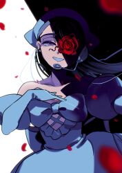  1girl alien_stage bandana bare_shoulders black_hair bow chest_bow commentary_request dress elbow_gloves falling_petals floating_hair flower flower_over_eye gloves grey_bandana grey_bow grey_dress grey_gloves hanada_hyou hand_on_own_chest highres long_hair looking_to_the_side petals red_flower red_petals red_rose rose smile solo sua_(alien_stage) very_long_hair zombie_stage 
