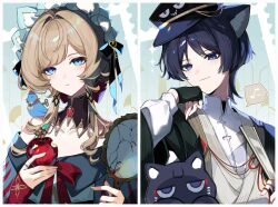  1boy 1girl alternate_costume animal_ear_fluff animal_ears animal_on_shoulder animalization apple bare_shoulders bird bird_on_shoulder bishounen bitten_apple black_bow black_cat black_hair black_hanfu black_hat black_shirt black_sleeves blue_bird blue_eyes blue_pupils blunt_ends bonnet border bow bowtie broken_mirror brooch brown_hair c_ixxp cat cat_boy cat_ears chinese_clothes choppy_bangs closed_mouth collarbone collared_dress contrast_collar detached_collar dress eyelashes eyeliner fingerless_gloves fingernails folding_fan food food_bite formal_clothes fruit gem genshin_impact glint gloves hair_bow hair_intakes hand_fan hand_mirror hanfu hat highres holding holding_fan holding_food holding_fruit holding_mirror jewelry key key_hair_ornament layered_sleeves long_sidelocks looking_at_animal makeup mandarin_collar mirror musical_note off-shoulder_dress off_shoulder parted_bangs parted_lips peaked_cap person_and_animalization portrait red_bow red_bowtie red_eyeliner red_gem red_ribbon red_sleeves ribbon ring sandrone_(genshin_impact) scaramouche_(cat)_(genshin_impact) scaramouche_(genshin_impact) shirt short_hair short_hair_with_long_locks sidelocks sleeves_past_wrists smile split_screen spoken_musical_note swept_bangs thorns tilted_headwear tsurime undershirt violet_eyes white_bonnet white_border white_dress white_hanfu white_shirt white_sleeves winding_key 