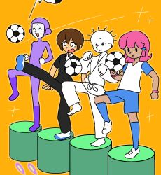  1girl 3boys 4boys absurdres ball bodysuit brown_hair closed_eyes commentary_request dougi hair_ornament highres karate_gi karateka_(rhythm_tengoku) kicking kohai_(rhythm_tengoku) korean_commentary lifting_man male_focus multiple_boys open_mouth pink_hair rhythm_tengoku short_hair soccer soccer_ball soccer_uniform socks sportswear standing telstar whffu0803 