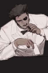  1boy 22jjjem beard black_background black_bow black_bowtie black_hair bow bowtie brown_eyes chinstrap_beard cigar collared_shirt cropped_torso eyepatch facial_hair fang highres holding holding_cigar jacket looking_at_viewer male_focus marvel mature_male open_mouth shirt short_hair simple_background sketch solo suit suit_jacket white_jacket white_shirt white_suit wolverine_(x-men) x-men 