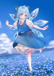  1girl barefoot blue_eyes blue_hair blue_ribbon blue_skirt blue_sky cirno clouds cloudy_sky commentary_request dress flower highres ice ice_wings outstretched_arms reti_atto ribbon skirt sky sleeveless solo standing standing_on_one_leg touhou wings 