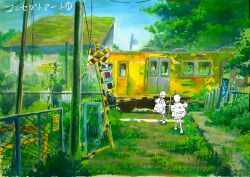  2girls abandoned artist_request backpack bag blue_sky blurry bush day depth_of_field green_theme highres loca! multiple_girls official_art outdoors pole railroad_crossing sky train tree 