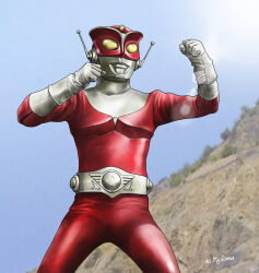  1boy alien artist_name belt blue_sky clenched_hands colored_skin commentary compound_eyes cowboy_shot day dias_(tajima_kouki) fighting_stance forehead_jewel from_below gem giant giant_male gloves glowing glowing_eyes hands_up highres legs_apart lens_flare looking_ahead male_focus mask mountain multicolored_skin no_pupils outdoors pectorals red_mask red_skin redman redman_(character) silver_belt silver_gloves silver_skin silver_trim sky solo standing tokusatsu toned toned_male two-tone_skin wrinkled_skin yellow_eyes yellow_gem 