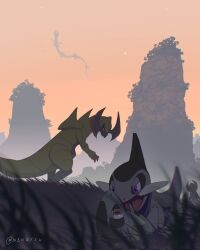  alternate_color axew black_sclera blurry blurry_foreground claws colored_sclera commentary dragon dragon_type_theme_(pokemon) eastern_dragon english_commentary flying grass haxorus highres mega_pokemon mega_rayquaza n3kotsu no_humans on_ground open_mouth orange_sky outdoors playing pokemon pokemon_(creature) pokemon_focus rayquaza red_eyes shiny_pokemon sky standing tree twitter_username violet_eyes 