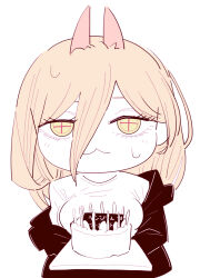  1girl birthday_cake blonde_hair breasts cake chainsaw_man chibi commentary_request cross-shaped_pupils deer60868637 demon_girl demon_horns food hair_between_eyes horns jacket long_hair long_hair_between_eyes looking_at_viewer power_(chainsaw_man) red_horns sharp_teeth shirt simple_background smile sweat symbol-shaped_pupils teeth white_shirt yellow_eyes 