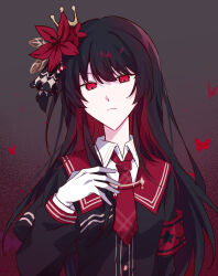 1girl armband black_capelet black_hair black_shirt bug butterfly capelet closed_mouth collared_shirt colored_inner_hair commentary_request crown flower gloves hair_flower hair_ornament highres long_hair long_sleeves looking_at_viewer mahou_shoujo_no_majo_saiban mini_crown multicolored_hair necktie nikaido_hiro plaid_clothes plaid_necktie red_armband red_butterfly red_eyes red_flower red_hair red_necktie shirt side_capelet solo touming_jun upper_body white_gloves white_shirt 