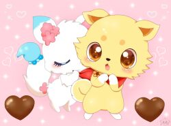  1boy 1girl :o animal_ears bandana bandana_around_neck bilingual_commentary brown_eyes chibi chibi_only chibikemo closed_eyes commentary digitigrade dog_boy dog_ears dog_tail english_commentary flower flustered fox_ears fox_girl fox_tail full_body furry furry_female furry_male furry_with_furry hair_flower hair_ornament heart jewelpet_(creature) jewelpet_(series) jirachicute28 kiss kissing_cheek kohaku_(jewelpet) larimar_(jewelpet) mixed-language_commentary official_style pink_background pink_flower red_bandana shiba_inu simple_background spanish_commentary sparkle surprise_kiss surprised tail tail_ornament u_u valentine watermark yume_kawaii 