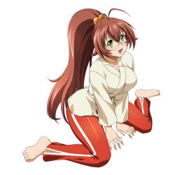  1girl :d antenna_hair barefoot between_legs breasts brown_hair collarbone double-parted_bangs full_body game_asset glasses green_eyes hair_bobbles hair_ornament hand_between_own_legs high_ponytail ikkitousen ikkitousen_extra_burst japanese_clothes kimono large_breasts long_hair long_sleeves looking_at_viewer non-web_source official_art open_mouth pants ponytail red_pants ryuubi_gentoku_(ikkitousen) self-datamine simple_background sitting smile solo transparent_background very_long_hair wariza white_kimono 
