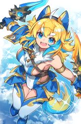  1girl absurdres ahoge animal_ears bare_shoulders belt blonde_hair blue_eyes blue_gloves blue_hair bracelet breasts commentary_request dog_ears dual_wielding ferule from_above gloves high-waist_belt highres holding holding_sword holding_weapon jewelry key kuuron_(moesann17) open_mouth puzzle_&amp;_dragons sideboob sidelocks solo star_(symbol) sword thigh-highs weapon white_hair 