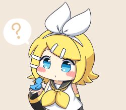  1girl ? animal bird blonde_hair blue_eyes blush_stickers bow_hairband chibi chibi_only closed_mouth commentary_request hair_ornament hairband hairclip hand_up holding holding_animal holding_bird kagamine_rin neckerchief nukotun parallel_hairclips short_hair simple_background solo spoken_question_mark upper_body vocaloid white_hairband yellow_neckerchief 