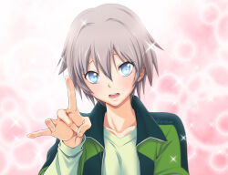  1boy blue_eyes bubble_background collarbone commentary_request forehead_flicking_viewer furrowed_brow green_jacket grey_hair grey_shirt hair_between_eyes hair_intakes hand_up jacket layered_sleeves light_blush long_sleeves looking_at_viewer male_focus open_clothes open_jacket open_mouth pink_background portrait shirt shizuki_amakawa short_hair short_over_long_sleeves short_sleeves sidelocks solo sparkle_background teeth totsuka_saika track_jacket trap twitter_username yahari_ore_no_seishun_lovecome_wa_machigatteiru. 