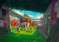  2girls abandoned artist_request blue_sky blurry day depth_of_field grass highres loca! market multiple_girls multiple_others official_art scenery sign sky train vanishing_point 
