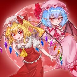 2girls ascot bat_wings blonde_hair blue_hair blush bow closed_mouth collared_shirt commentary crystal crystal_wings english_commentary fang flandre_scarlet frilled_shirt_collar frilled_skirt frilled_wrist_cuffs frills full_moon hair_between_eyes hat hat_bow hat_ribbon lasagna-nsr looking_at_viewer medium_hair mob_cap moon multicolored_wings multiple_girls one_side_up open_mouth pink_hat pink_shirt pink_skirt pointy_ears red_ascot red_bow red_eyes red_moon red_skirt red_sky red_vest red_wrist_cuffs remilia_scarlet ribbon shirt siblings sisters skin_fang skirt skirt_set sky smile touhou vest white_hat white_shirt wings wrist_cuffs yellow_ascot 