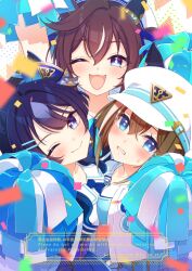  3girls animal_ears blue_eyes blush breasts brown_hair cheerleader cheval_grand_(umamusume) closed_mouth commentary_request confetti hair_between_eyes hat horse_ears horse_girl koruri looking_at_viewer multicolored_hair multiple_girls one_eye_closed open_mouth smile streaked_hair umamusume v_sisters verxina_(umamusume) vivlos_(umamusume) watermark white_hair 