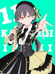  1girl aqua_background beret black_coat black_hair black_hat black_necktie center_frills character_name coat collared_shirt commentary corset countdown cowboy_shot frilled_shirt frills grey_corset grin hair_ornament hat highres holding holding_microphone jellyfish_cut katsuragi_izumi love_live! love_live!_hasu_no_sora_jogakuin_school_idol_club microphone mifukuzawa necktie offering_hand open_hand orange_eyes outstretched_arm plaid_clothes plaid_corset shirt slit_pupils smile solo striped_clothes striped_necktie theater_ikizama triangle_hair_ornament vertical-striped_clothes vertical-striped_necktie virtual_youtuber white_shirt yellow_necktie 