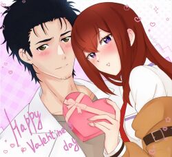  1boy 1girl belt black_hair blush box brown_jacket collared_shirt couple facial_hair gift grey_shirt hair_between_eyes happy_valentine heart heart-shaped_box hetero highres holding holding_box jacket lab_coat long_hair long_sleeves looking_at_viewer makise_kurisu necktie off_shoulder okabe_rintarou red_hair red_necktie science_adventure shirt short_hair smile steins;gate stubble upper_body valentine violet_eyes white_shirt yellow_eyes yukiooromi 