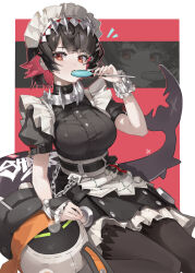  1girl 1other absurdres auua black_hair breasts candy colored_inner_hair ellen_joe eous_(zenless_zone_zero) fins fish_tail food food_in_mouth hair_ornament hairband highres holding holding_candy holding_food large_breasts large_tail looking_at_viewer maid maid_headdress metal_hairband mole mole_under_eye multicolored_hair pantyhose razor_blade_hair_ornament red_eyes red_hair shark_girl shark_tail short_hair sitting spiked_headband tail two-tone_hair zenless_zone_zero 