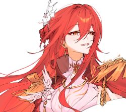  1girl absurdres aiguillette artist_name breasts cape commentary dress earrings elisbian english_commentary epaulettes feathers flower hair_between_eyes hair_flower hair_ornament highres himeko_(honkai:_star_rail) himeko_(nova)_(honkai:_star_rail) honkai:_star_rail honkai_(series) jewelry large_breasts long_hair looking_to_the_side orange_eyes red_cape red_flower red_hair red_rose rose sidelocks simple_background single_earring sleeveless sleeveless_dress smile solo star_(symbol) star_earrings star_hair_ornament star_ornament teeth very_long_hair white_background white_dress white_feathers white_flower white_rose 