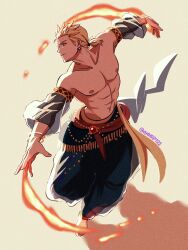  1boy ammsp722 baggy_pants bare_shoulders barefoot black_pants blonde_hair commentary_request detached_sleeves earrings final_fantasy final_fantasy_vi full_body gold_bangle hair_tie highres jewelry low_ponytail male_focus muscular muscular_male outstretched_arms pants ponytail sabin_rene_figaro sash see-through_clothes see-through_sleeves short_hair solo topless_male twintails waist_sash 