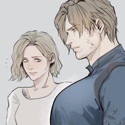  1boy 1girl beard_stubble blonde_hair blue_shirt chest_holster curtained_hair facial_hair grace_ashcroft highres holster large_pectorals leon_s._kennedy looking_at_another male_focus mnine5 muscular muscular_male pectorals resident_evil resident_evil_requiem shirt shoulder_holster stubble tight_clothes tight_shirt 