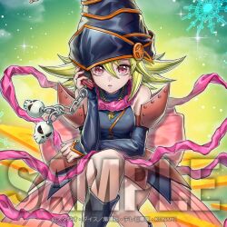  1girl anonymous_(yu-gi-oh!) bare_shoulders blonde_hair breasts check_copyright copyright_request detached_sleeves duel_monster gagaga_girl gagaga_girl_-_zero_zero_call hat holding holding_phone long_hair looking_at_viewer official_art open_mouth phone pink_eyes sample_watermark sitting skirt skull_charm solo thighs watermark wizard_hat yu-gi-oh! yu-gi-oh!_zexal 