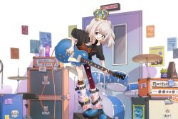  1girl :p amplifier asymmetrical_hair audio_cable audio_jack belt belt_buckle belted_leg_warmers black_belt black_socks black_sports_bra blue_eyes blue_shoes bottle bubble buckle can character_name control_knob crown cutoffs cymbals denim denim_shorts door double-parted_bangs drum drum_set electric_guitar energy_drink english_text exposed_pocket fish flyer gold_crown goldfish guitar guitar_strap hi-hat holding holding_guitar holding_instrument holding_plectrum indoors instrument kneehighs leaning_forward leg_warmers long_hair looking_at_viewer marimari_(vtuber) merchandise_available metronome multiple_belts nakamori_kemuri official_art orange_socks oversized_clothes oversized_shirt pantyhose petite phase_connect plant playing_guitar playing_instrument plectrum potted_plant print_shirt recording_studio red_pantyhose second-party_source shadow shirt shoelaces shoes short_eyebrows shorts side_ponytail sidelocks single_bare_shoulder single_kneehigh single_leg_pantyhose single_sock socks solo speaker sports_bra standing standing_on_object sticker stool striped_clothes striped_socks t-shirt tape tongue tongue_out two-tone_socks virtual_youtuber water_bottle white_hair white_leg_warmers window 