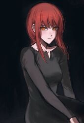  1girl black_background black_dress braid chainsaw_man closed_mouth commentary dodo_(dodobo) dress highres long_hair long_sleeves looking_at_viewer makima_(chainsaw_man) orange_eyes red_hair ringed_eyes sidelocks simple_background smile solo 