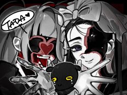  1boy 2girls alien_stage blunt_bangs bow closed_mouth commentary crying hair_bow heart highres long_hair mizi_(alien_stage) multiple_girls official_alternate_costume open_mouth p9kk3 partially_colored sheep_mask smile sua_(alien_stage) tongue tongue_out twintails untranslatable_commentary veil violet_eyes zombie_stage 