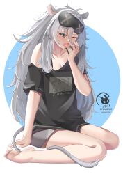  1girl absurdres animal_ears barefoot blue_eyes byte-artist cheese_print clauvio_(vtuber) feet food_print full_body grey_hair highres indie_virtual_youtuber long_hair messy_hair mouse_ears mouse_girl mouse_tail one_eye_closed simple_background sitting sleep_mask solo tail virtual_youtuber yawning 