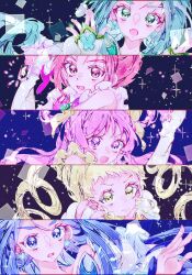  5girls akimoto_komachi animal_print arm_warmers bare_shoulders black_background blonde_hair blue_bow blue_bowtie blue_eyes blue_hair bow bowtie brooch butterfly_earrings butterfly_hair_ornament butterfly_print closed_mouth collarbone commentary_request cure_aqua cure_dream cure_lemonade cure_mint cure_rouge determined drill_hair earrings floating_hair frilled_shirt frills frown gem green_bow green_bowtie green_eyes green_gem green_hair hair_ornament hair_rings high_ponytail highres jewelry kasugano_urara_(precure) light_particles long_hair looking_at_viewer low_twintails magical_girl minazuki_karen multiple_girls natsuki_rin notice_lines off-shoulder_shirt off_shoulder open_mouth pink_bow pink_bowtie pink_eyes pink_hair ponytail precure print_bow print_bowtie red_eyes red_hair remonmoe shirt short_hair sleeveless sleeveless_shirt sparkle surprised twin_drills twintails upper_body v-shaped_eyebrows very_long_hair watch watch white_arm_warmers white_shirt yellow_bow yellow_bowtie yellow_eyes yes!_precure_5 yumehara_nozomi 